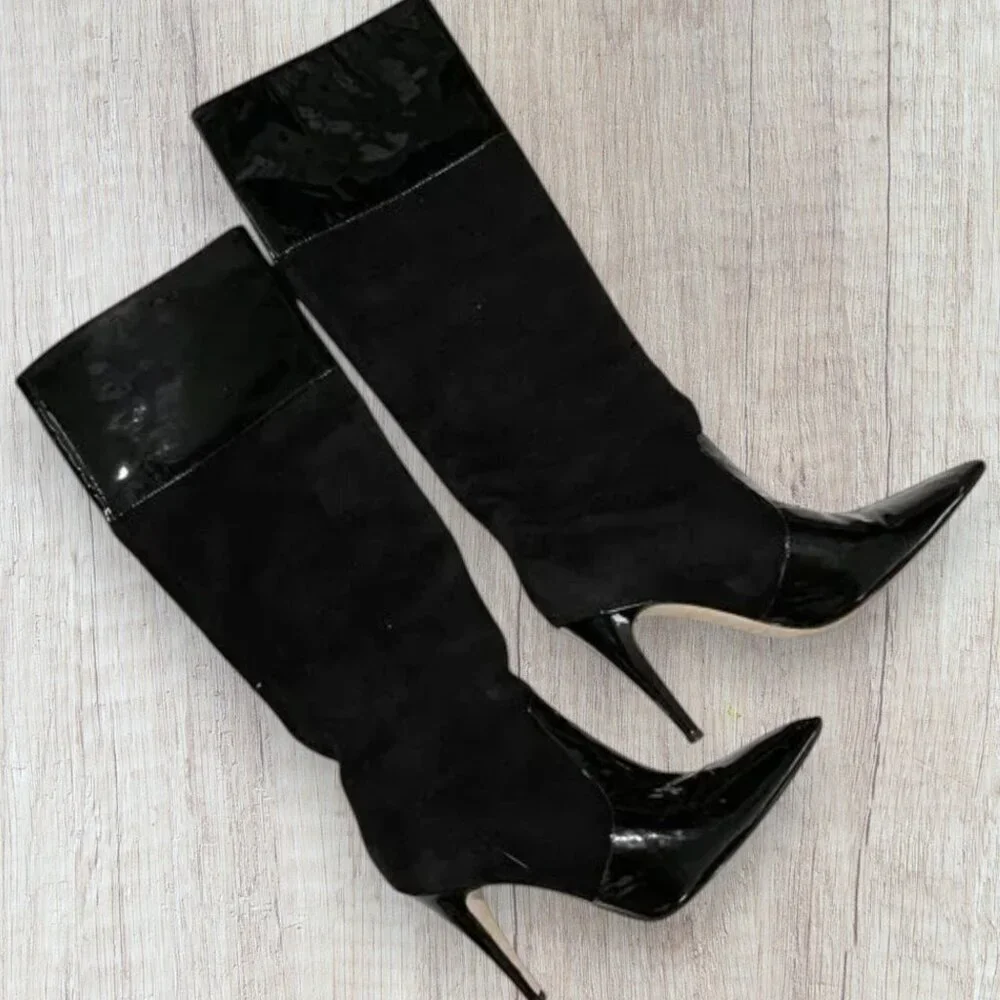 Kate Spade Black Suede Patent Leather Pointed Toe Stiletto Boots Womens 6.5